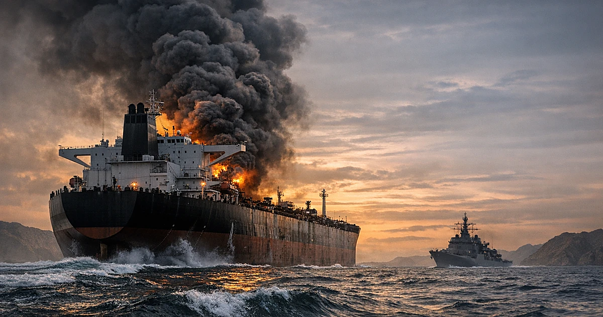 Oil tanker with smoke billowing in the Strait of Hormuz at dusk with choppy waters