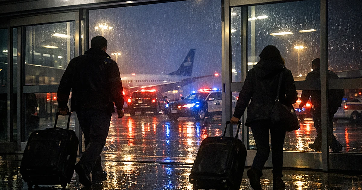 Silhouetted travelers entering airport terminal at night with emergency lights reflecting on wet pavement