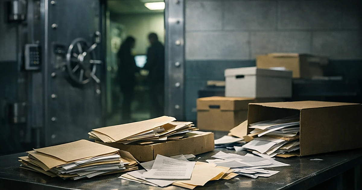 Secure facility door ajar with scattered document boxes and folders on metal table in government evidence room