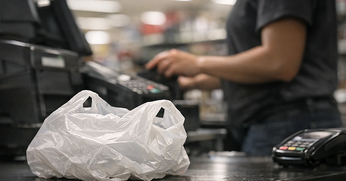 Crumpled plastic shopping bag on retail checkout counter with cashier silhouette in background
