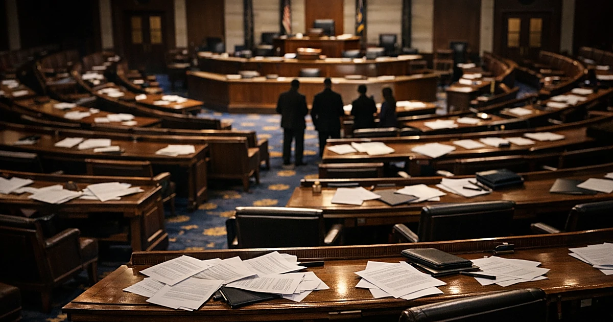 Empty congressional chamber with scattered papers on legislative desks suggesting recent heated debate