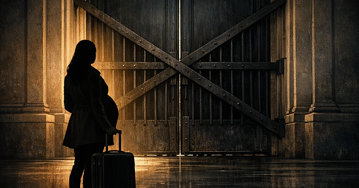 Silhouetted pregnant woman with luggage facing a closing institutional doorway, shown from behind