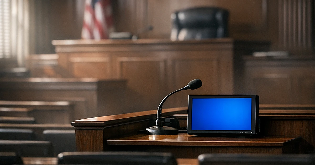 Empty courtroom witness stand with video monitor showing blue screen, dramatic window lighting creating shadows