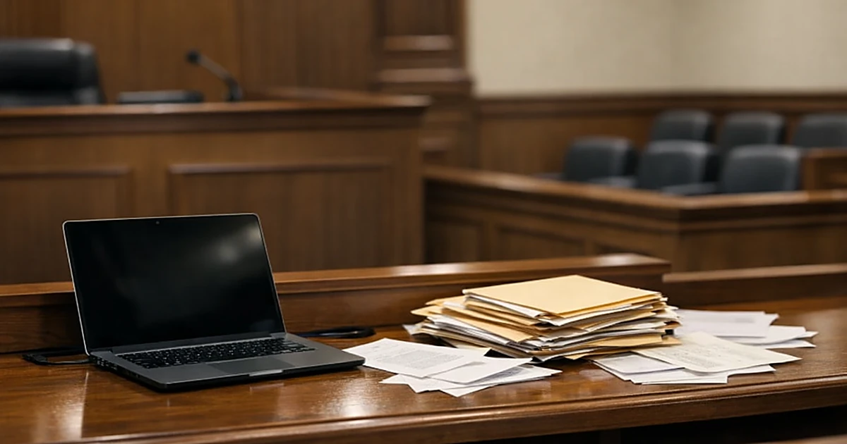 Empty courtroom judge's bench with laptop and documents under warm overhead lighting