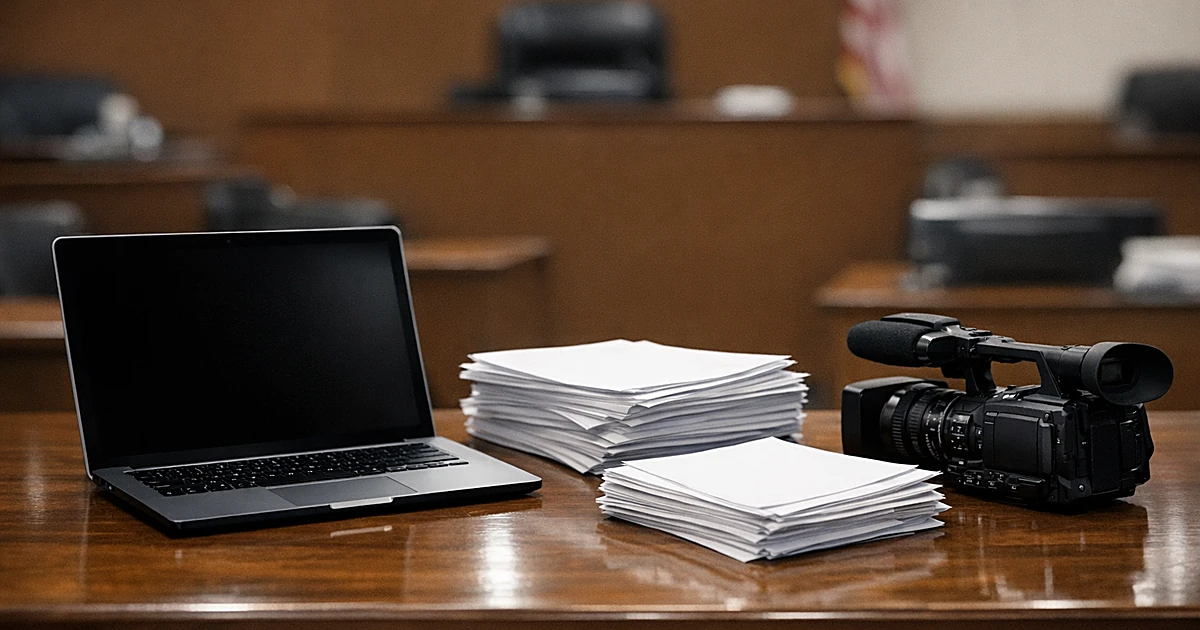 Courtroom evidence table with laptop, documents, and video camera under fluorescent lighting