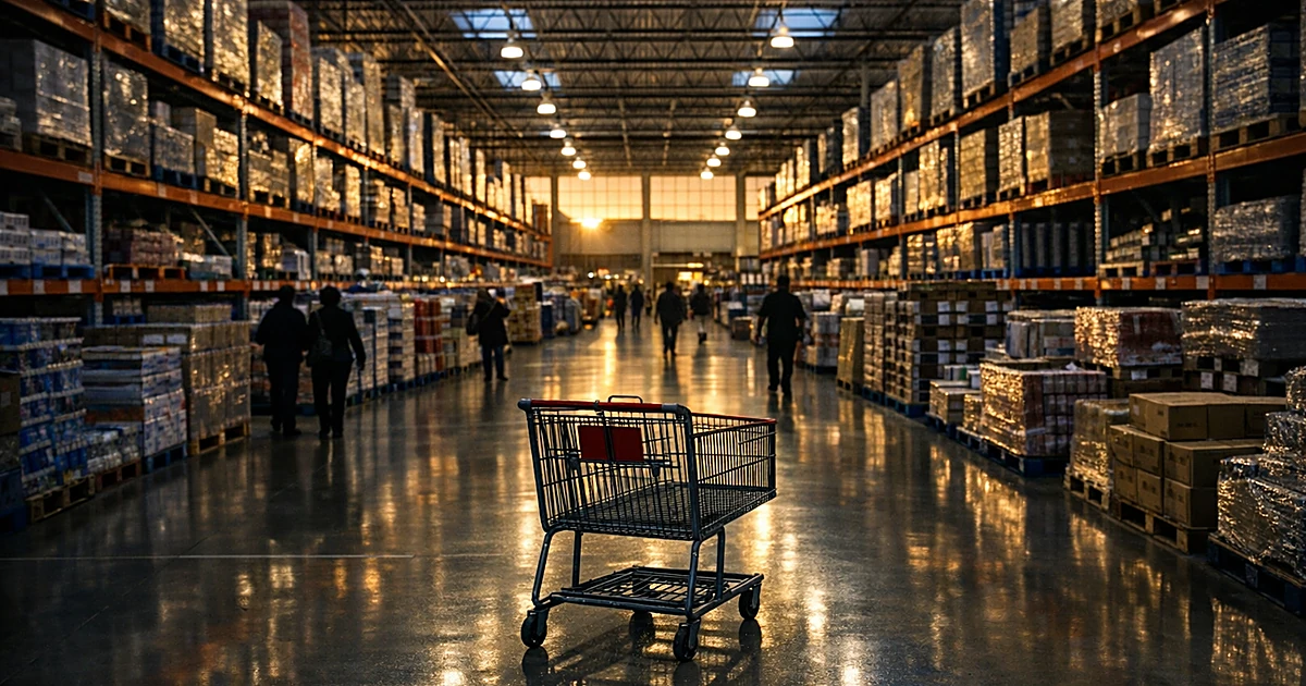 Empty shopping cart in vast Costco warehouse interior with distant shoppers as silhouettes among tall shelving
