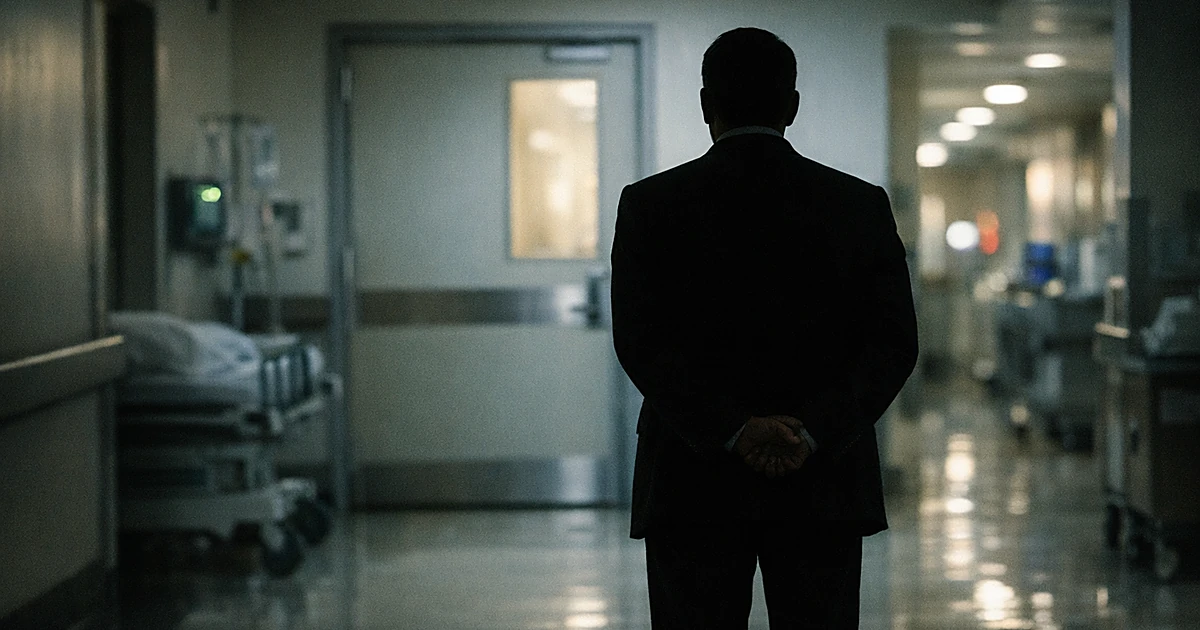 Silhouetted figure standing outside closed hospital room door in dimly lit corridor