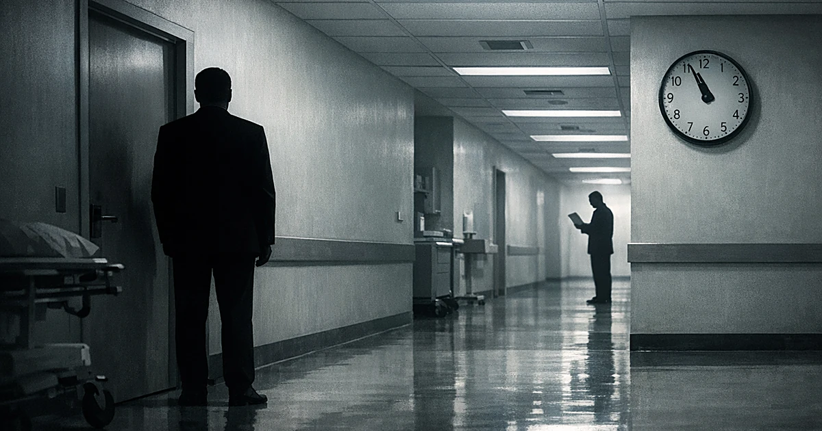 Silhouetted figures in a hospital corridor, one holding documents, separated by distance and a closed door