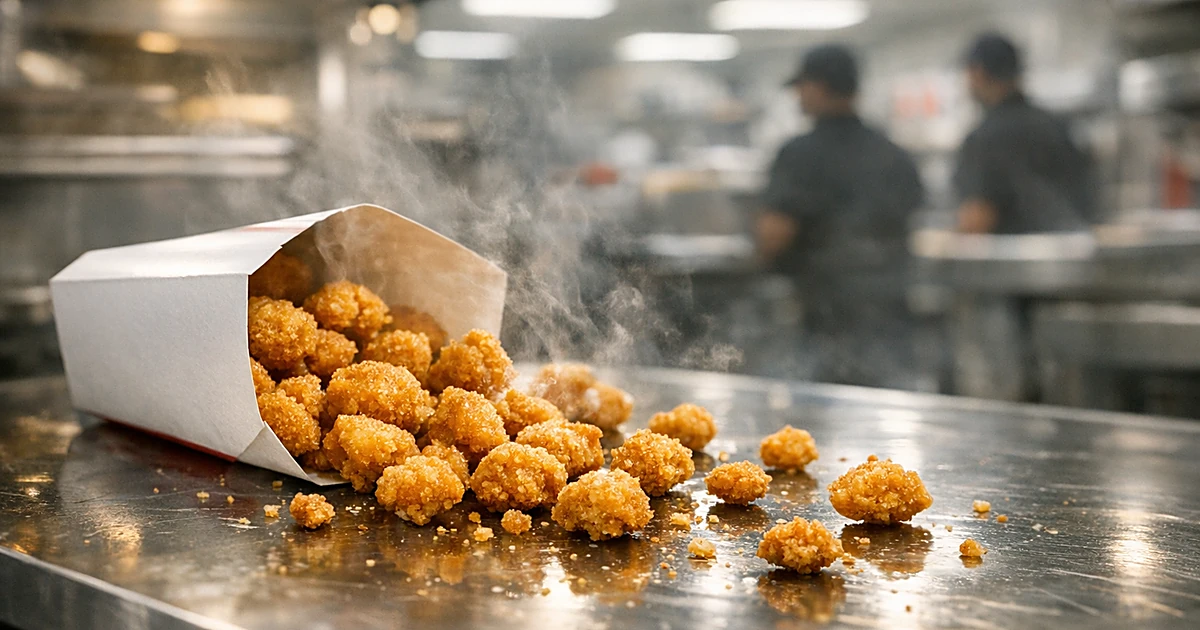 Breaded popcorn chicken pieces spilling from tipped container on commercial kitchen counter in fast-food restaurant