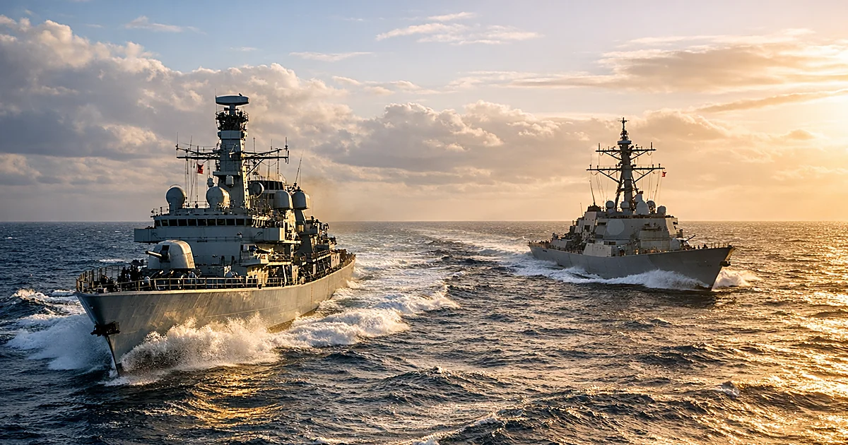 British and American naval warships sailing in formation across the Atlantic Ocean at sunset
