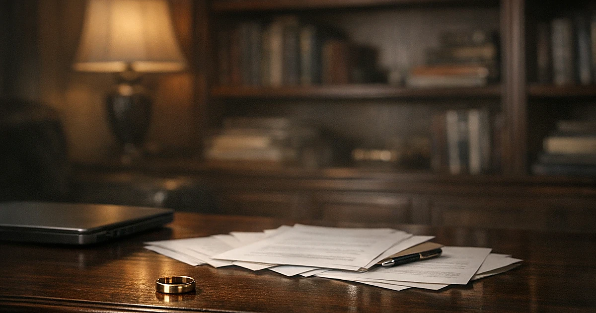 Wedding ring on desk beside legal documents in dimly lit home office interior