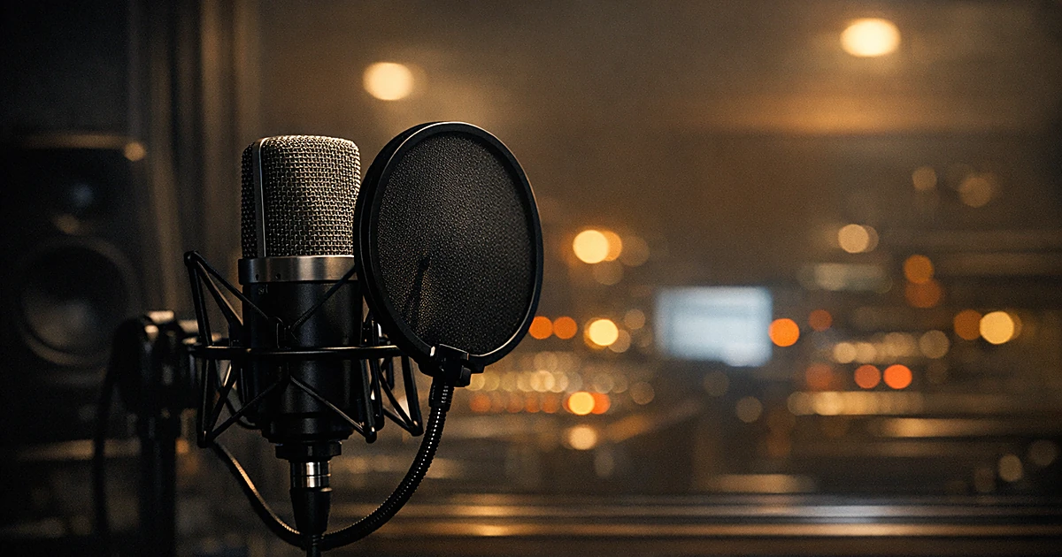 Professional recording studio microphone in darkened vocal booth with warm monitor lights in background