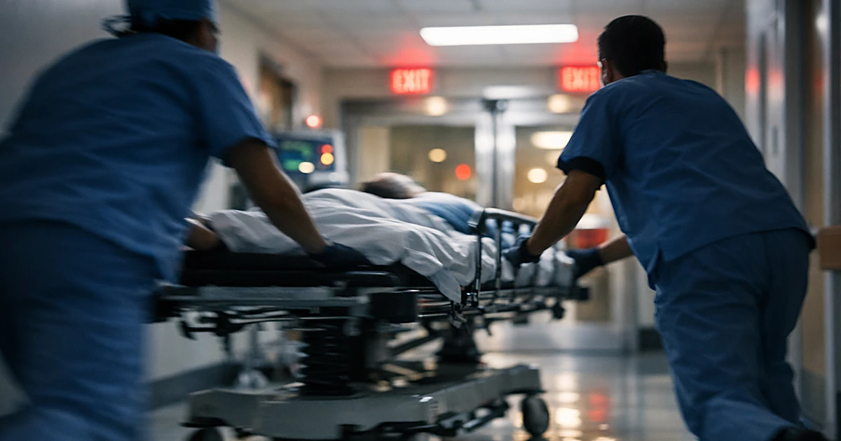 Medical staff rushing gurney down hospital corridor under fluorescent lights at night