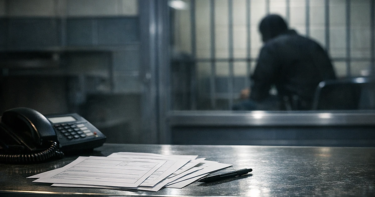 Police booking station desk with forms and telephone, silhouetted figure visible through glass partition in background