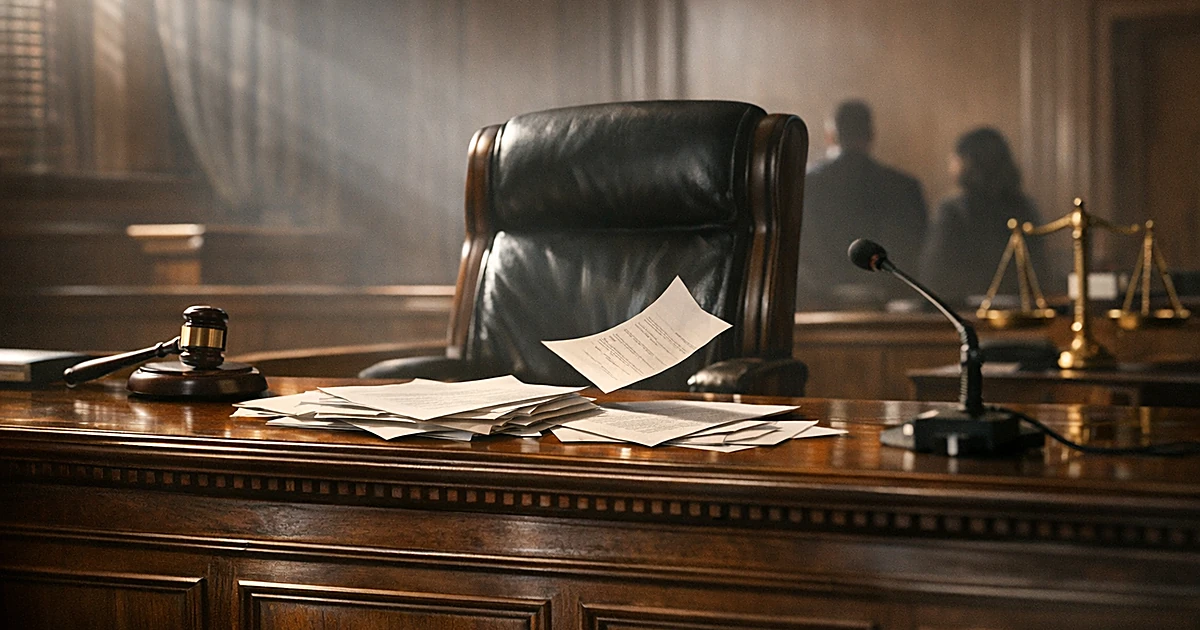 Empty Louisiana courtroom judge's bench with scattered documents and dramatic side lighting