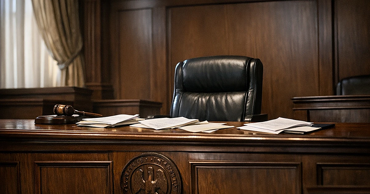 Empty Louisiana courtroom judge's bench with scattered legal documents and dramatic window lighting