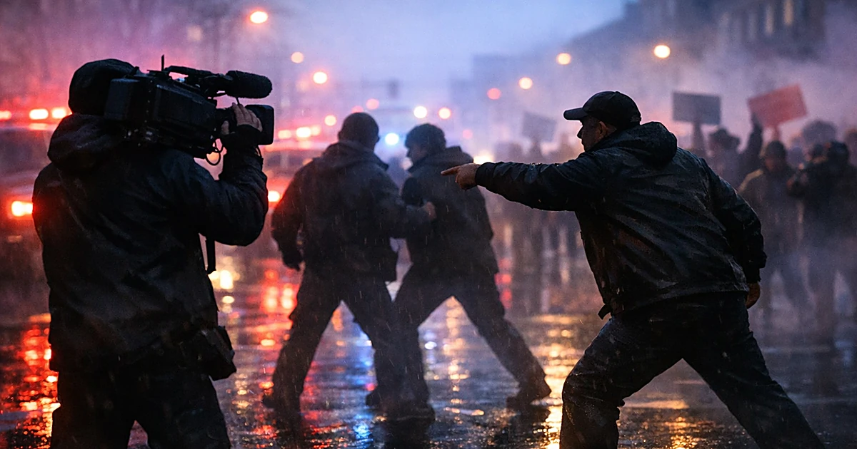 Silhouetted protesters crowding around videographer with camera during tense street demonstration at dusk