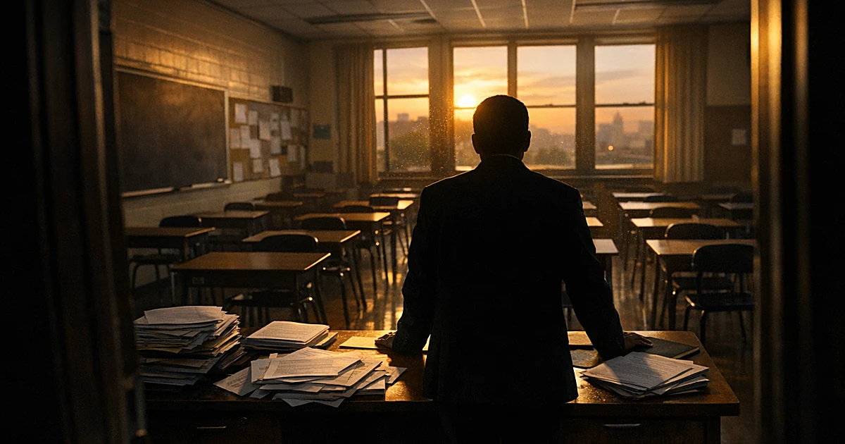 Empty New York City public school classroom at dusk with silhouetted figure at desk surrounded by budget documents