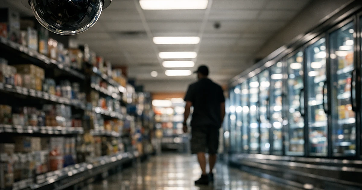 Grocery store aisle with security camera visible on ceiling and silhouetted shopper near refrigerated section