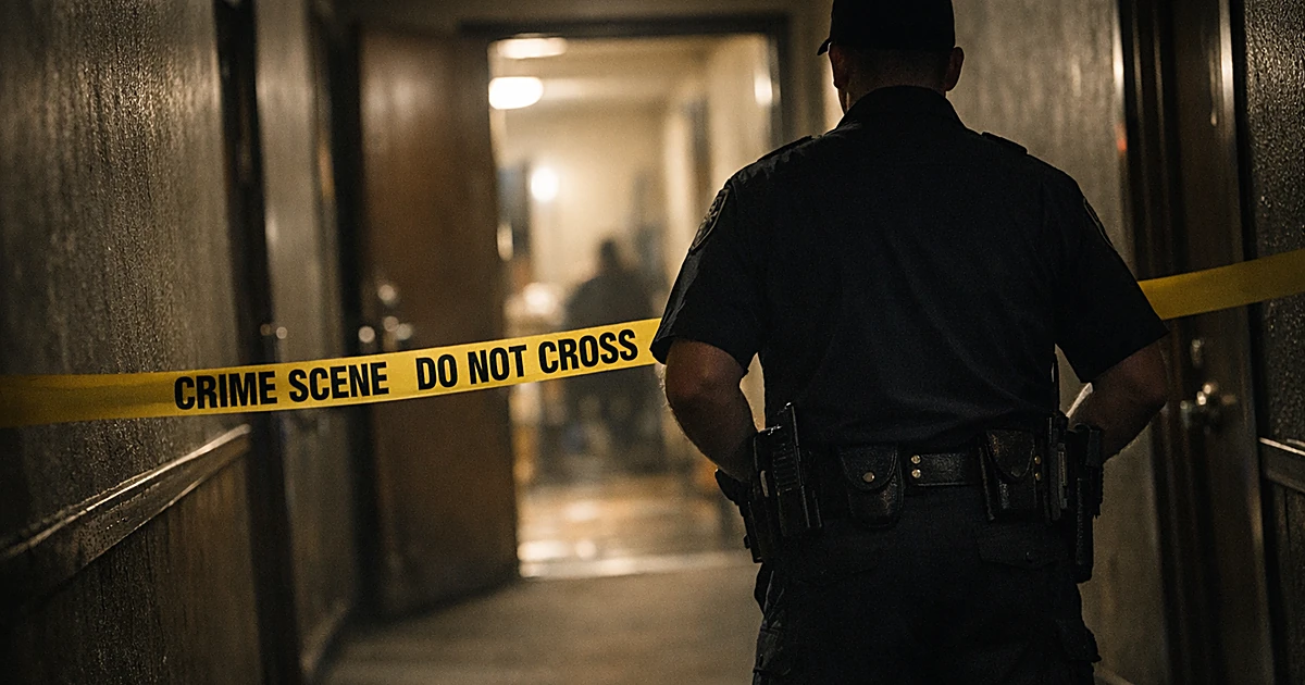 Police officer silhouette standing at crime scene taped apartment doorway in residential building hallway at night
