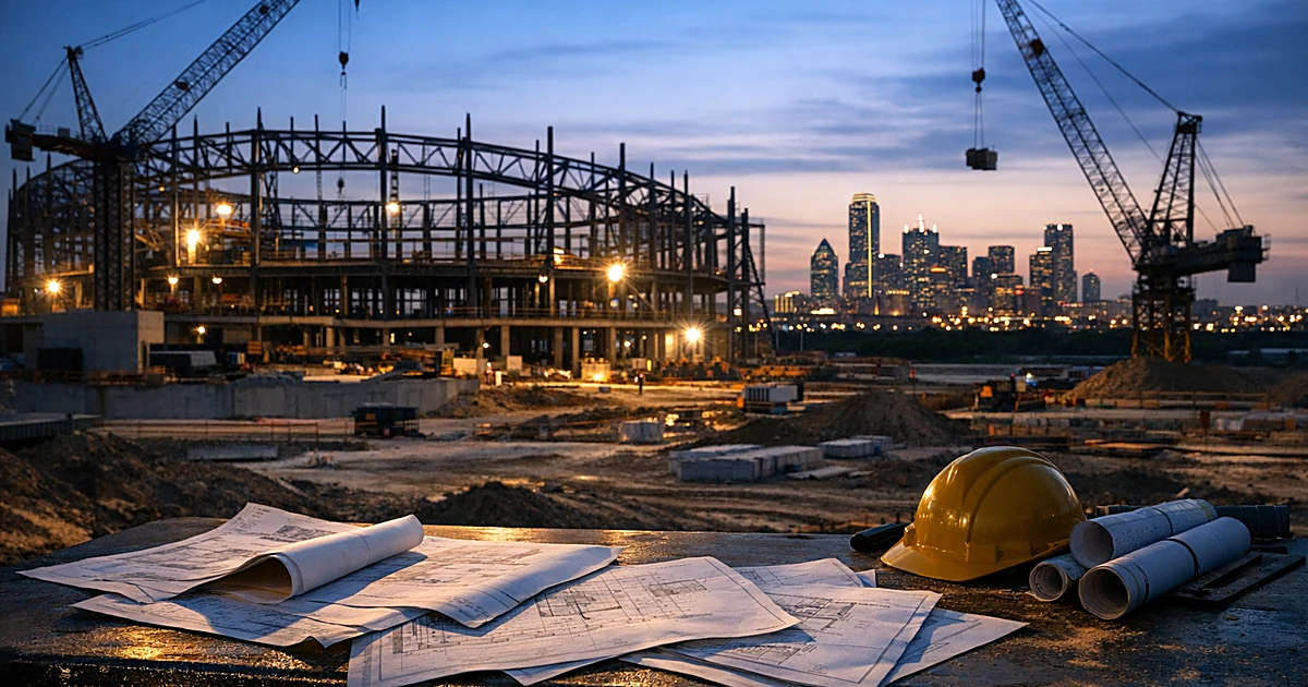 Basketball arena construction site at dusk with steel framework and downtown skyline in distance