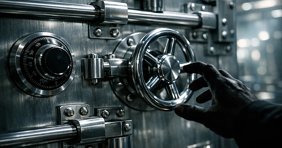 Bank vault door with hand reaching toward locked mechanism, symbolizing frozen account access