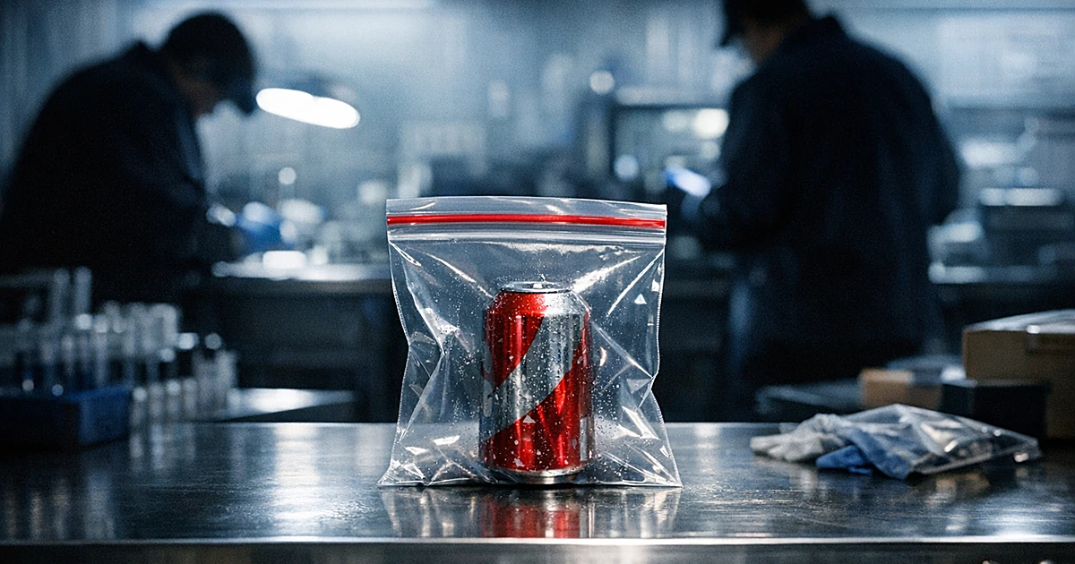 Evidence bag containing soda bottle on examination table in forensic laboratory with silhouetted technicians working