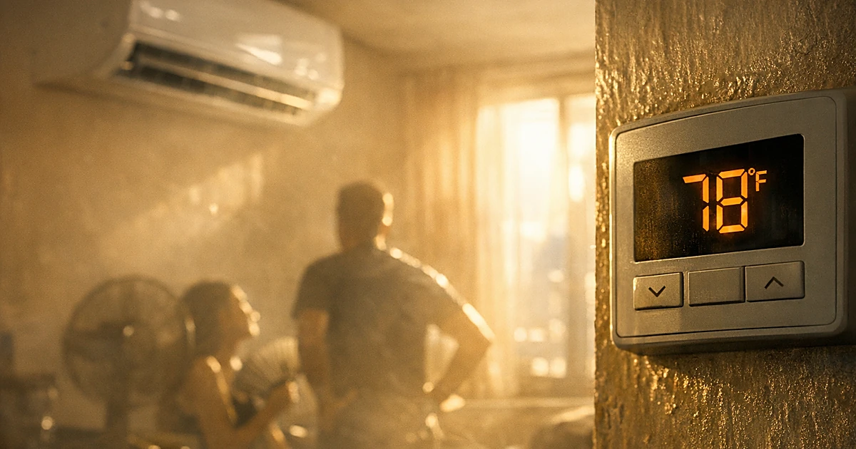 Air conditioning unit with thermostat in sunlit apartment during summer heat wave