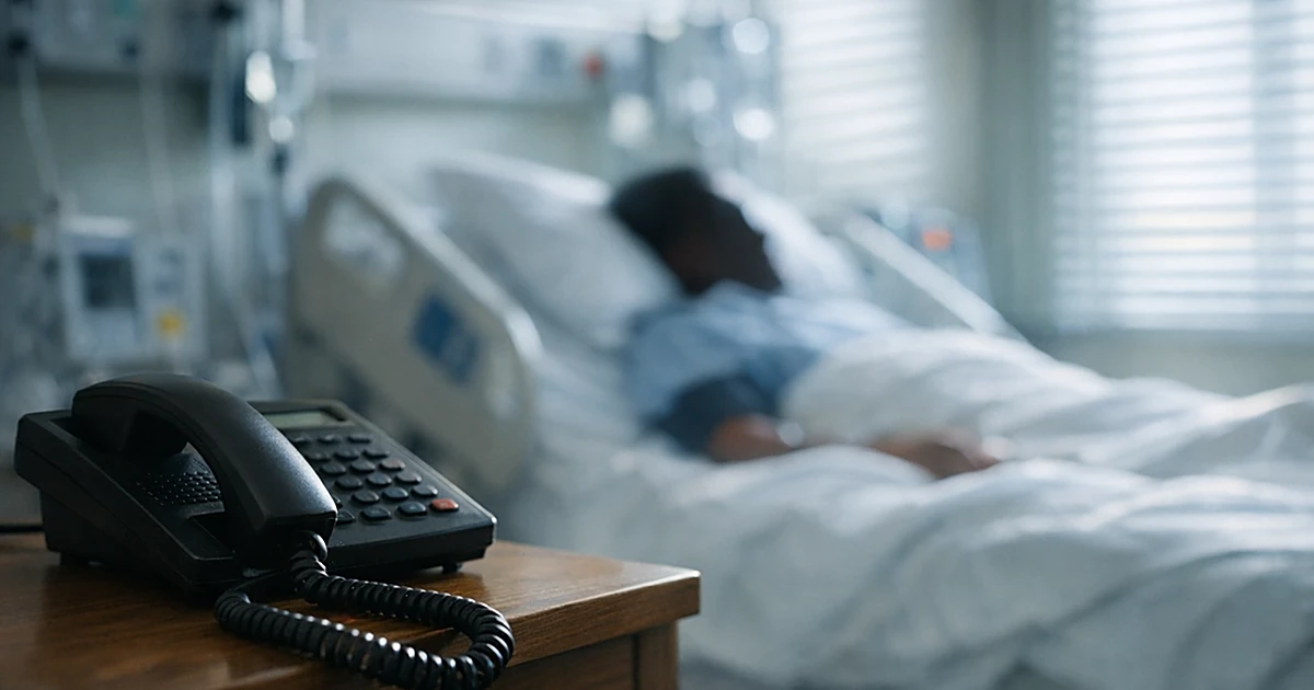 Hospital room telephone on bedside table with medical bed visible in soft daylight background