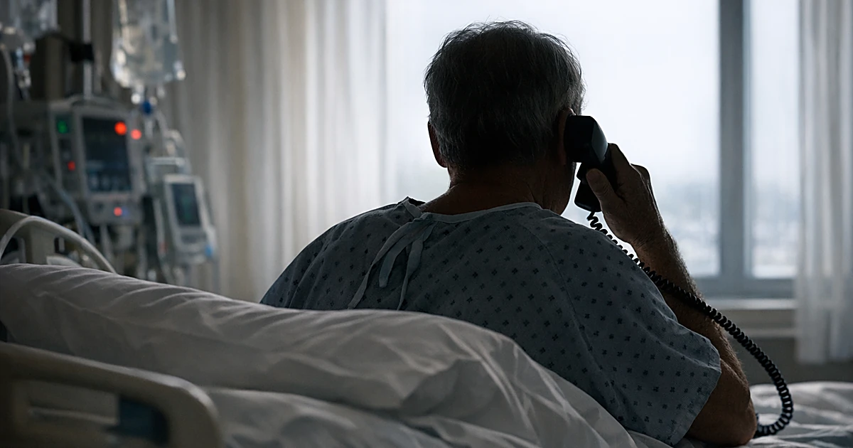 Silhouetted figure in hospital bed holding phone receiver, viewed from behind against window light