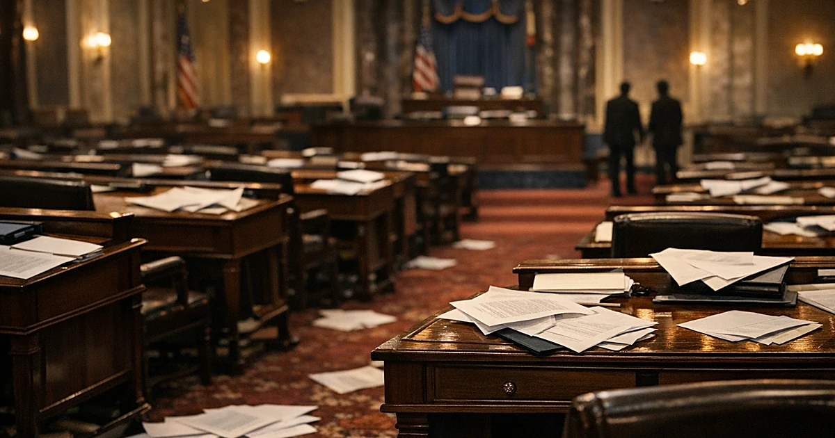 Empty Senate chamber with scattered papers on desks and distant silhouettes near chamber doors