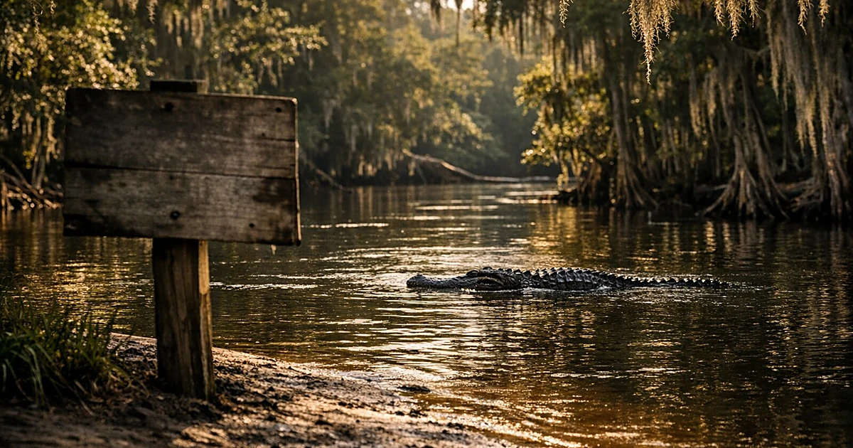 Warning sign at edge of dark river in Florida forest with cypress trees and Spanish moss