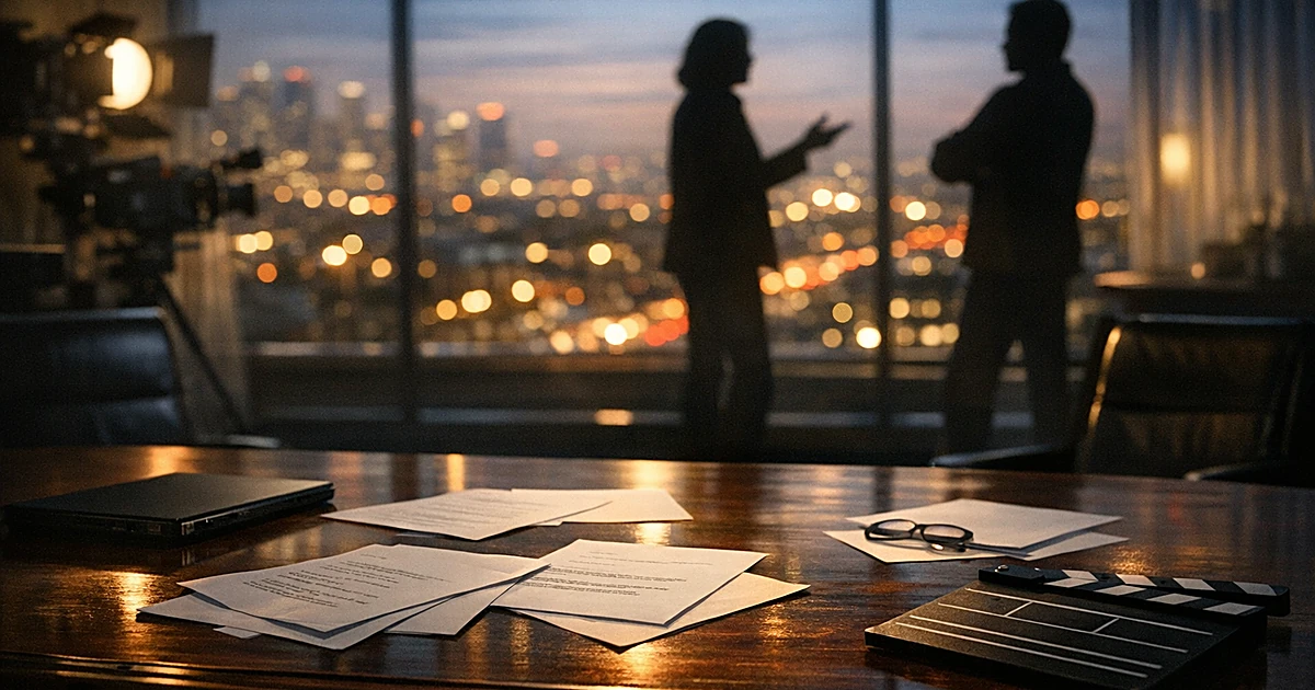 Silhouetted figures in tense discussion in a Hollywood production office boardroom at dusk with city lights beyond