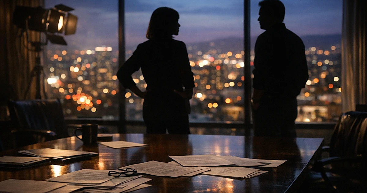 Silhouetted figures in Hollywood production office boardroom with city lights visible through windows at dusk