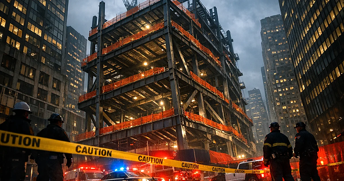 Construction site with steel beams and emergency vehicle lights reflecting on wet pavement below unfinished building