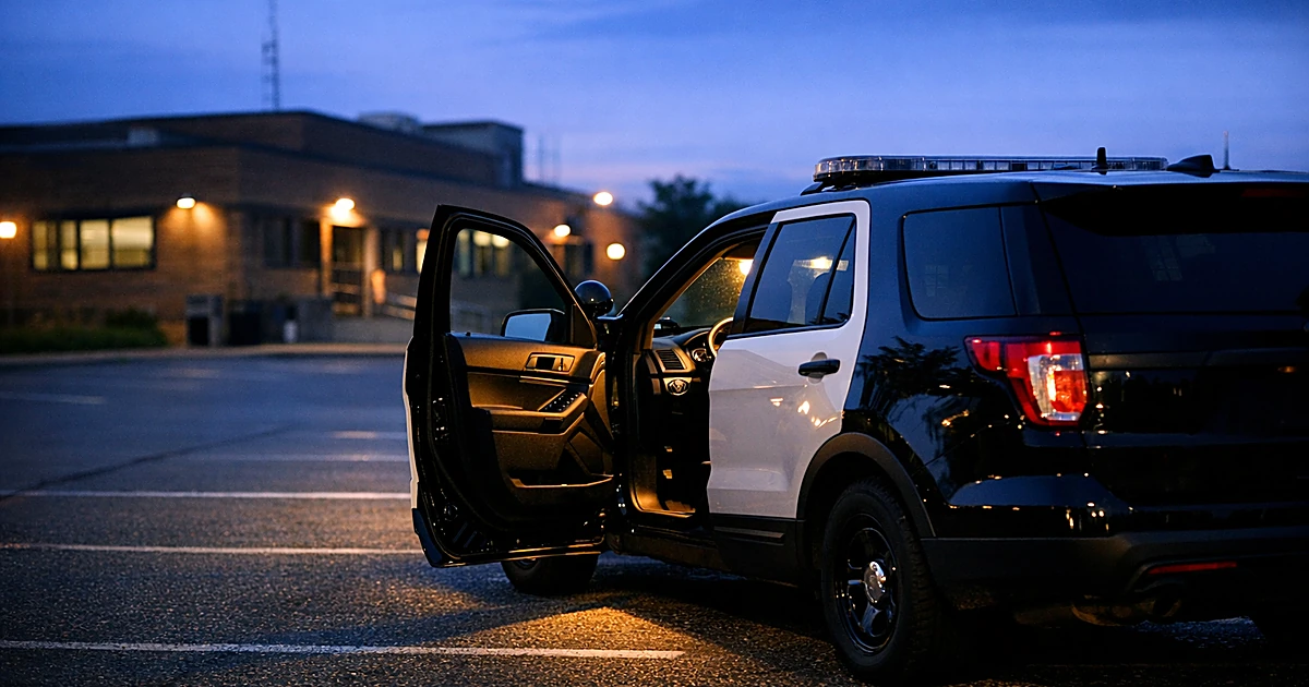 Police patrol car with open door in empty precinct parking lot at dusk
