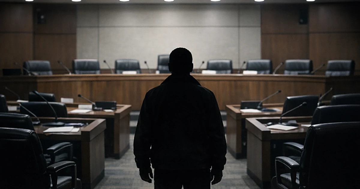 Empty city council chamber with silhouetted figure facing vacant mayor's bench and microphones