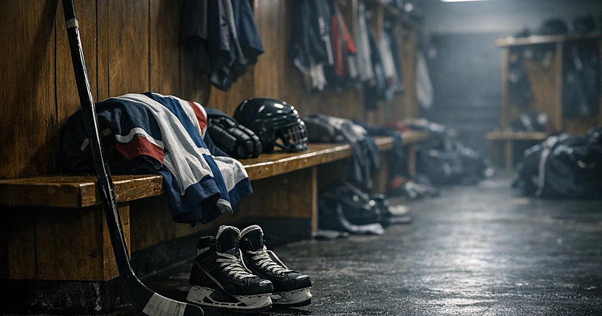 Empty youth hockey locker room with abandoned equipment on benches under fluorescent lighting