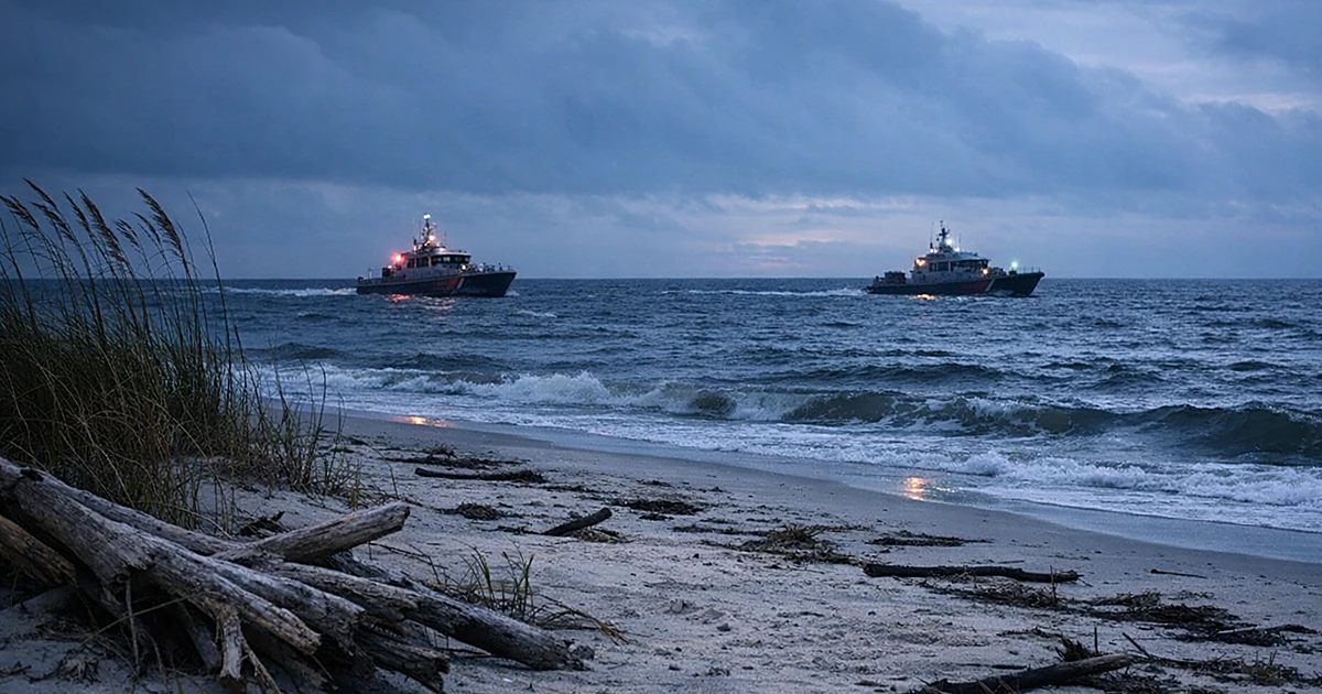 Deserted barrier island beach at dusk with Coast Guard patrol boats searching distant Gulf waters