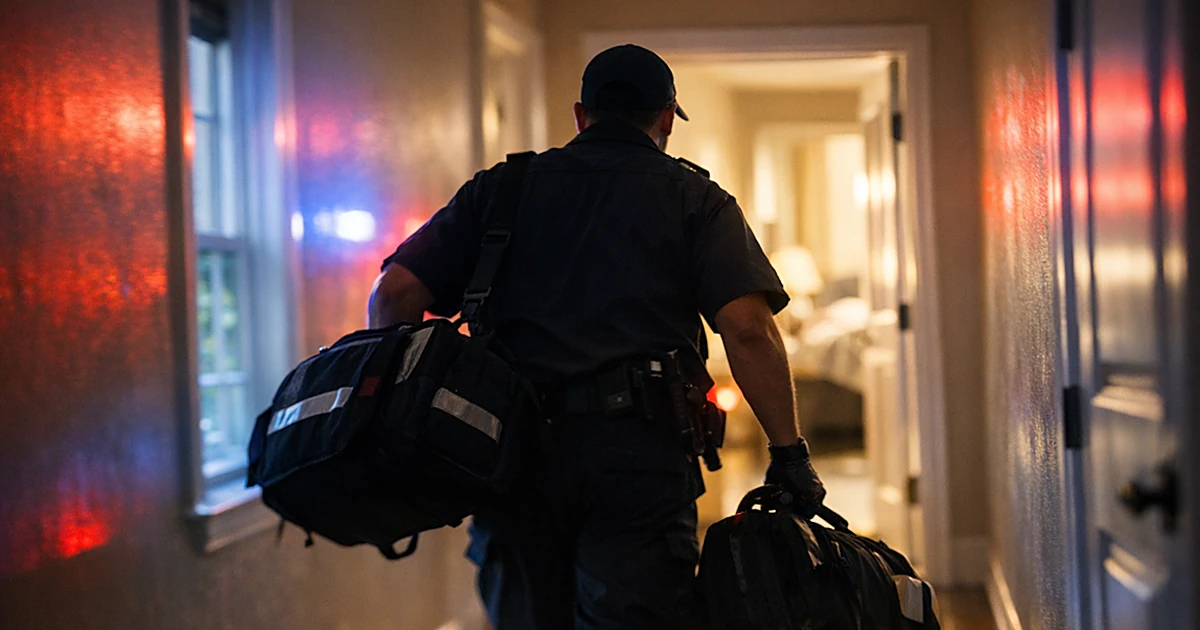 Emergency medical responder silhouette rushing through residential hallway with equipment during urgent medical call