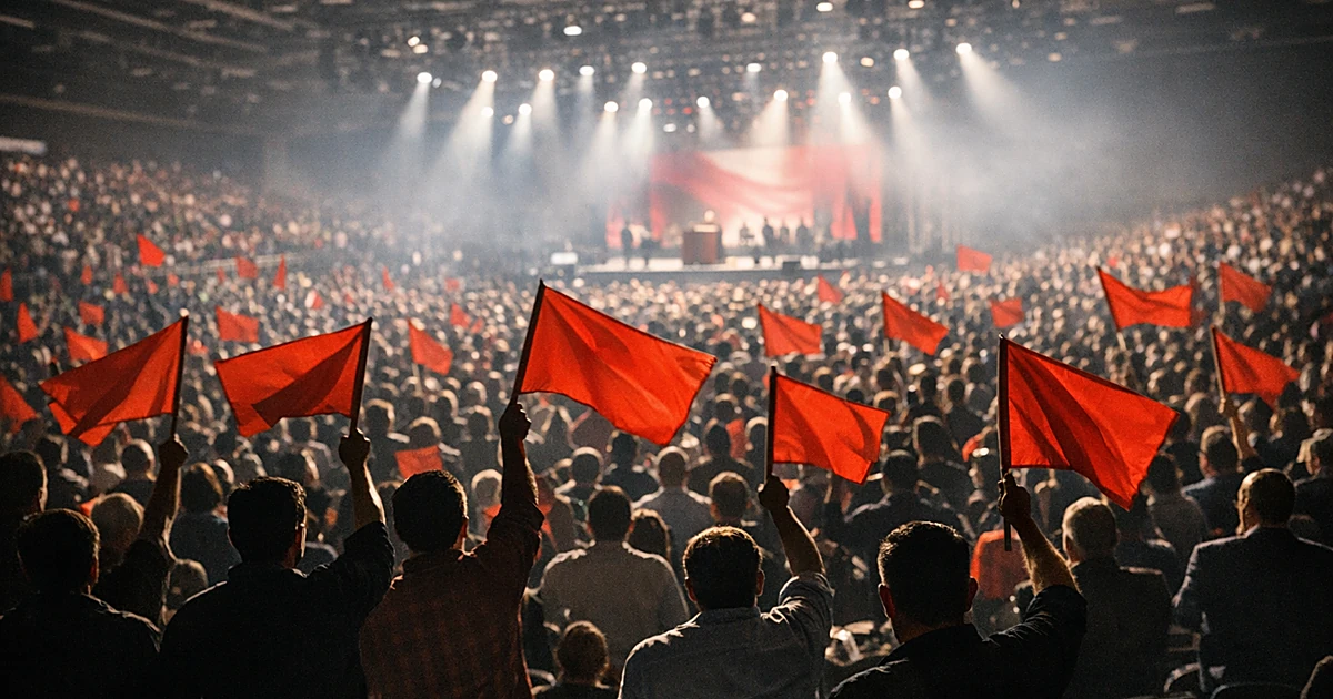 Large crowd at political rally holding red banners in convention hall with dramatic lighting
