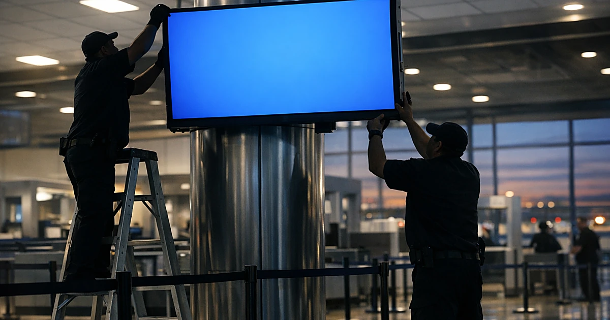 Workers removing digital display screen at empty airport security checkpoint during dusk