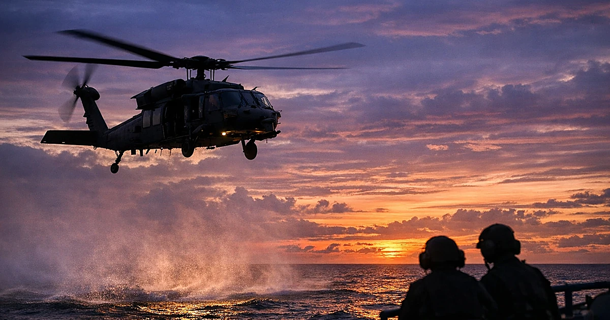 Navy MH-60S Sea Hawk helicopter silhouetted over Arabian Sea at dusk with ocean spray beneath rotors