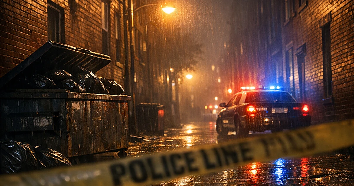 Rain-soaked Boston street at night with dumpster in alley between brick apartment buildings under streetlight
