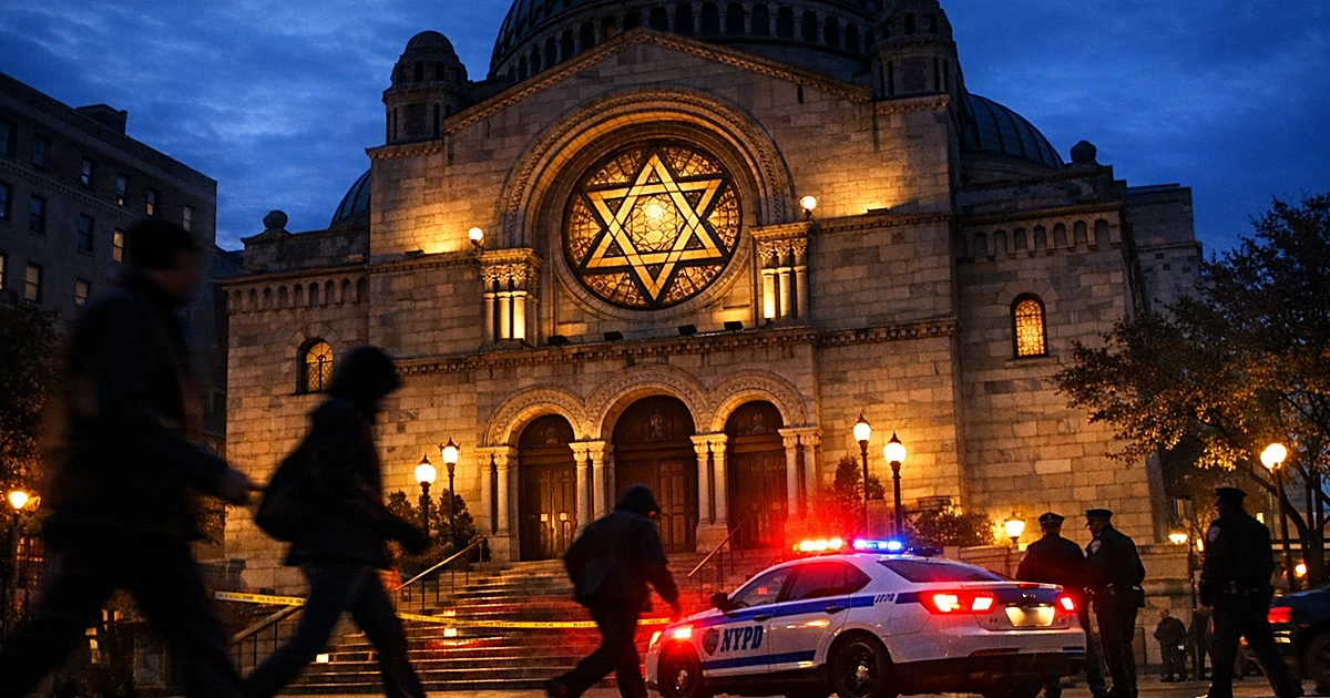 Synagogue exterior at dusk with police emergency lights and silhouetted figures walking past entrance