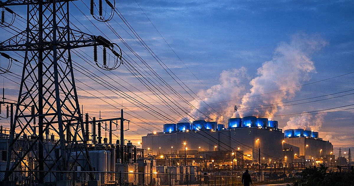 Industrial data center facility with high-voltage power transmission lines and electrical infrastructure at dusk