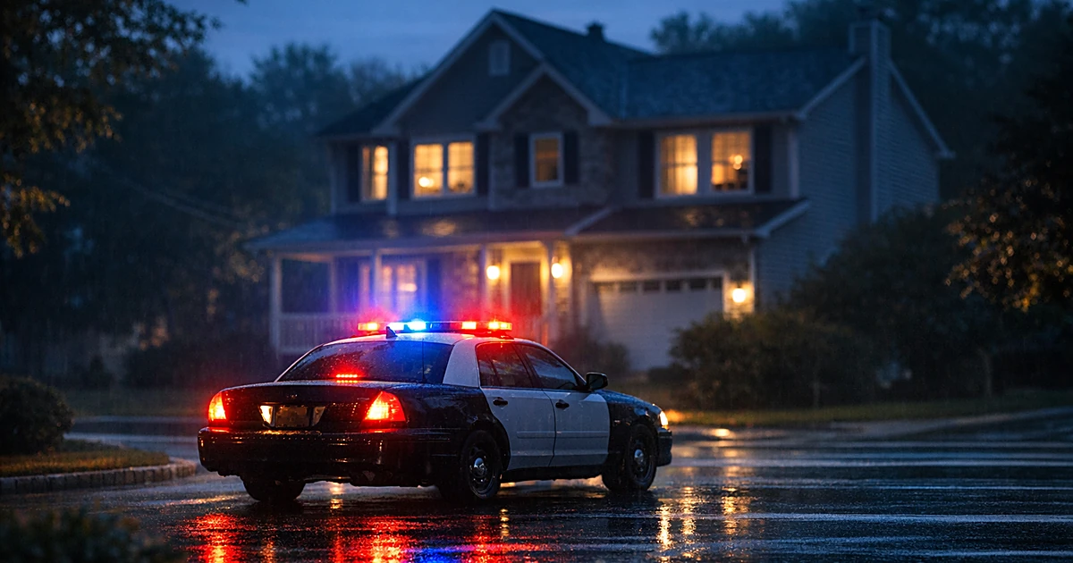 Police patrol car with flashing lights parked on suburban residential street at dusk