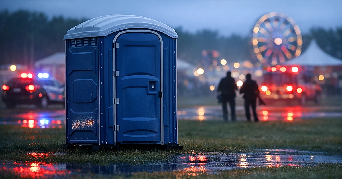 Portable restroom at empty festival grounds with emergency lights reflecting on wet grass at dusk