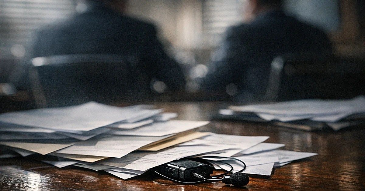 Recording device concealed among documents on conference table with silhouetted figures in background
