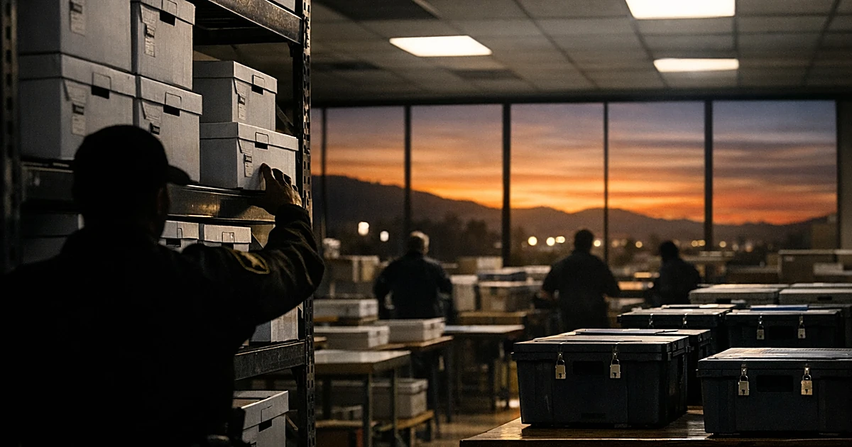 Silhouetted sheriff reaching toward ballot storage boxes in California county elections office at dusk